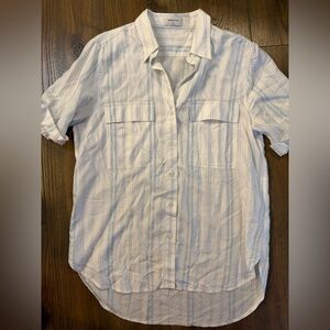 Babaton Aritzia White Short-Sleeve Button-Down with Light Blue Stripes
